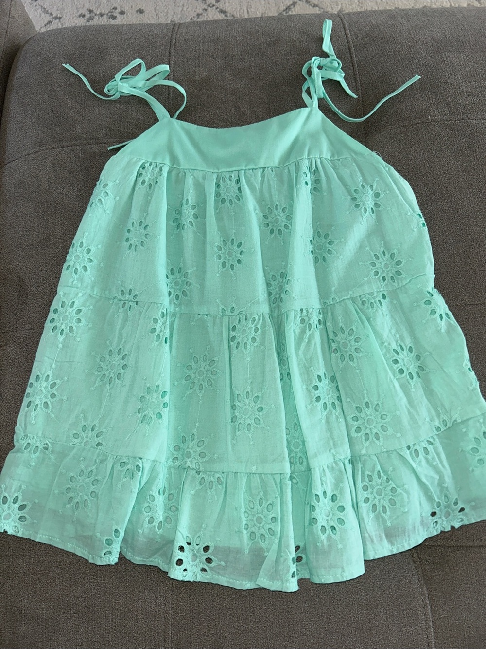Girls Mint Eyelet Tiered Sundress with Tie Straps